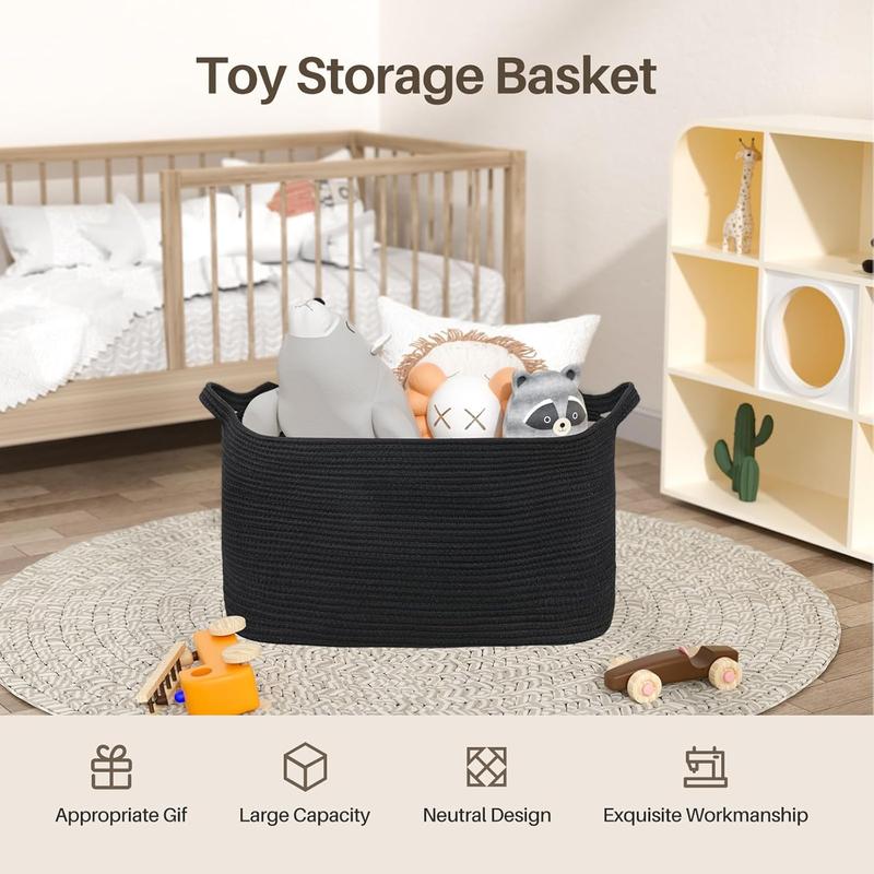 2 count Large Blanket Basket, Cotton Rope Basket with Handles for Bathroom, Black Basket for Bedroom, Living Room, Nursery, Laundry room and Bathroom Decorative Gift