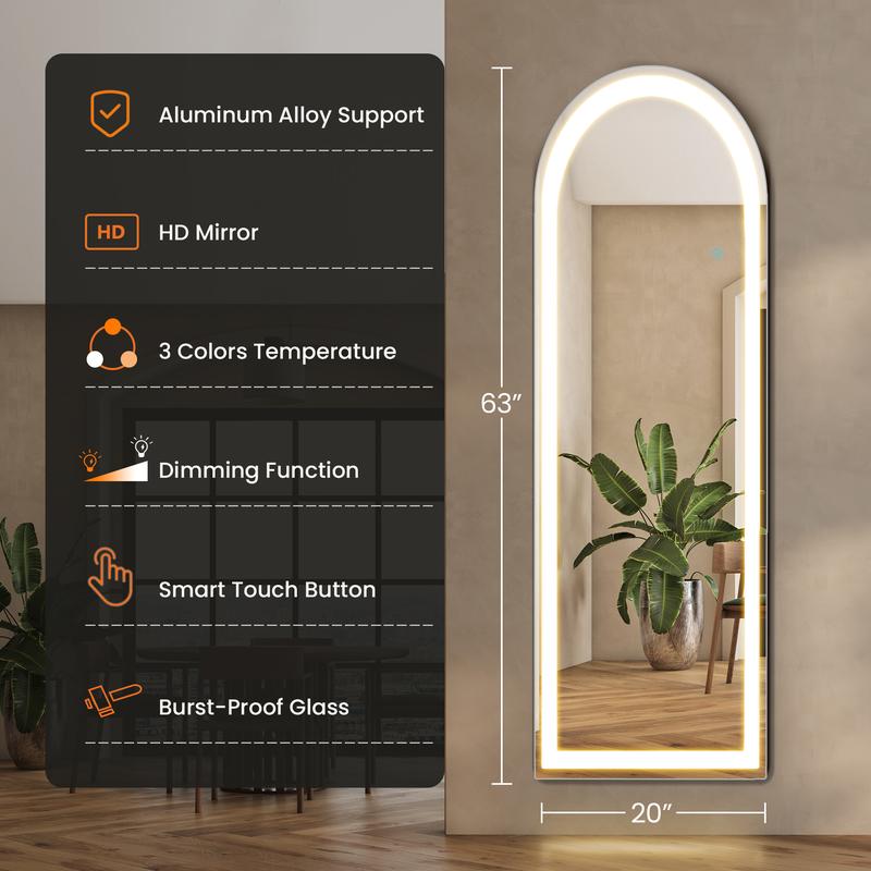 63X20 Inch LED Arched Full Length Mirror with Lights, Black Frame Lighted Floor Mirror, Dimmable & 3 Color Modes LED Full Body Dressing Standing Mirror, Wall Mounted Long Mirror