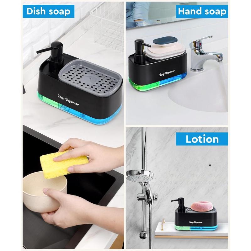 Hand and Dish Soap Dispenser Set for Kitchen, Dual Soap Dispenser with Sponge Holder, 3-in-1 Countertop Soap Pump Dispenser for Kitchen Sink, Useful Kitchen Gadgets - Black