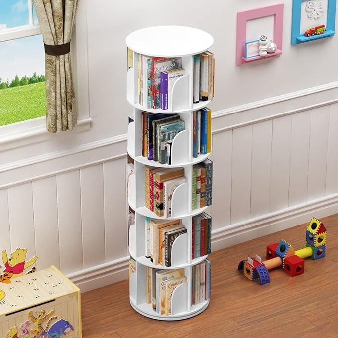 CNCEST Rotating Bookshelf Tower 360 Display Floor Standing Bookcase Bedroom Storage Rack Classroom Organizer Smooth Wooden Christmas Gift Home Decor