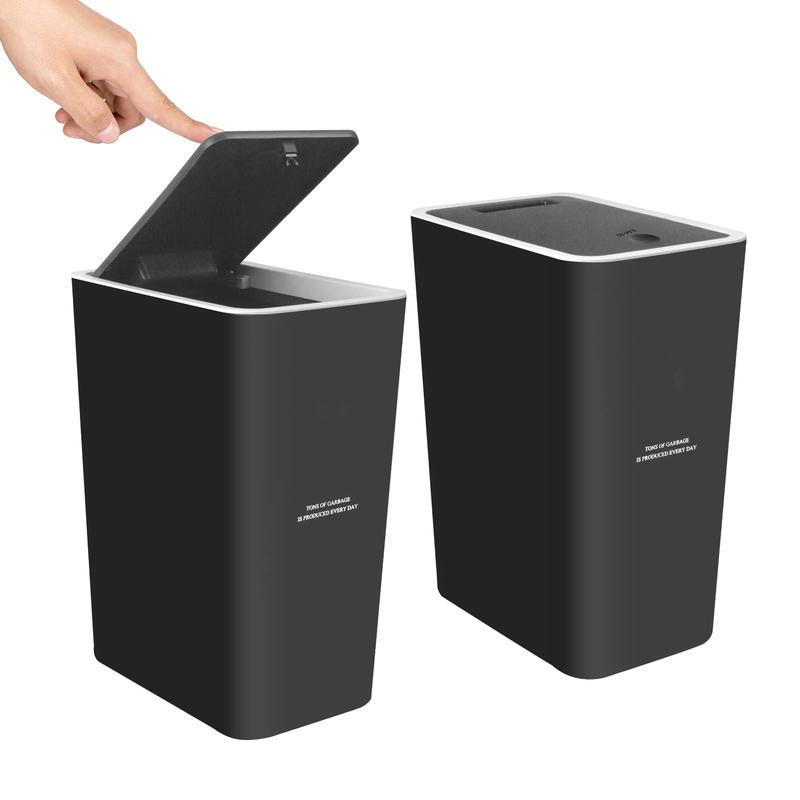 Trash Can with Lid, 2 Pack 4 Gallons 15 Liters Garbage Can with Press Top, Small Trash Can Dog Proof, Plastic Trash Bin, Waste Basket for Bathroom|Kitchen|Bedroom|Office (2, Black)