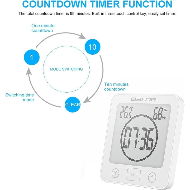 Shower Clock Waterproof Wall Clock Bathroom Clock Digital Temperature Humidity Display with Suction Cup, Touch Screen Timer for Kitchen Bathroom