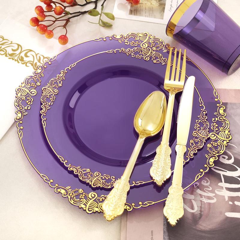 Nervure 175PCS Clear Purple Gold Plastic Plates for 25 Guests Include 25Dinner,Dessert Plates, 25Cups,Forks,Knives,Spoons,Napkins for Wedding&Party halloween decor dinner plate