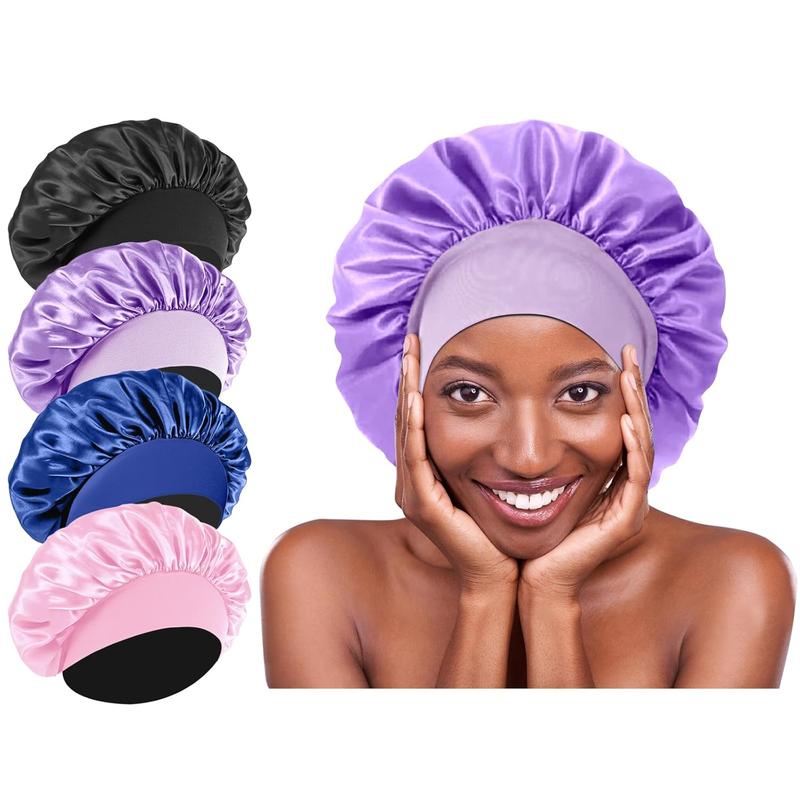 Waterproof Shower Caps Set of 4 - 4 Colors - Elastic Wide Band Satin Hair Wrap Bonnets for Sleeping, Black Women Men, Silk Sleep Cap Bonnet