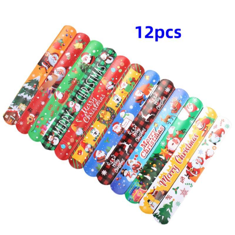 Christmas Random Color Holiday Themed Slap Bracelet, 12pcs set Cute Cartoon Pattern Slap Bracelet, Party Gift for Kids, Gift Bag Filler