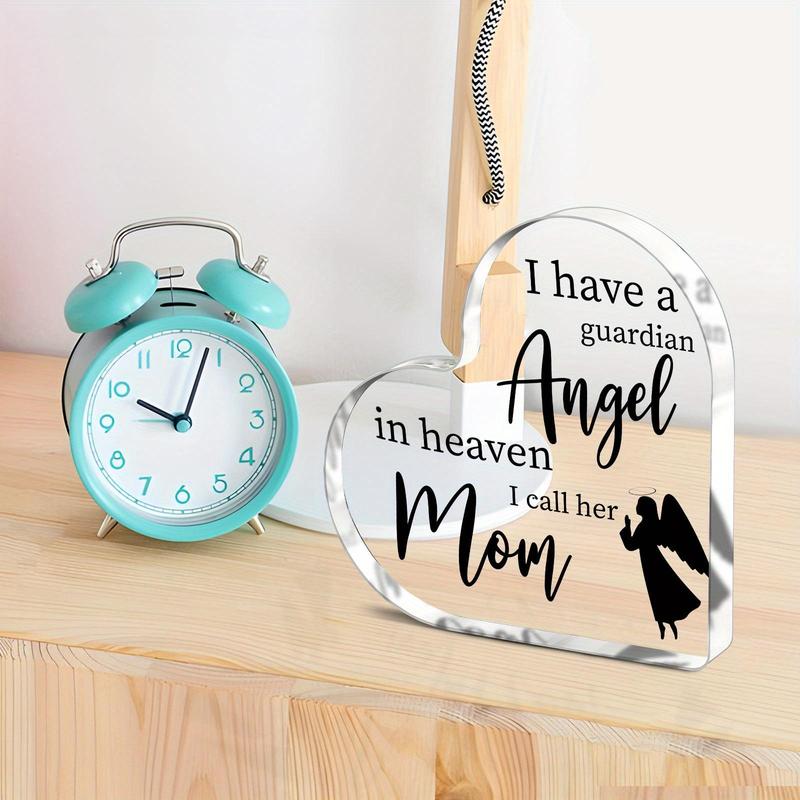 Heart Shaped Memorial Decor Sign, 1 Count Letter & Angel Pattern Clear Acrylic Condolence Gift, Memorial Angel Gift, Home Table Centerpiece Decoration