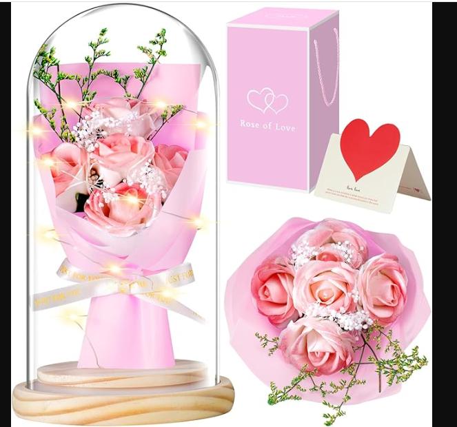 Preserved Flowers Rose Gifts for Her, Rose Flower Gifts for Wife Girlfriend Mom Grandma, Light Up Rose in Glass Dome for Birthday, Anniversary, Valentine's Day,Wedding (Pink Eternal Rose)