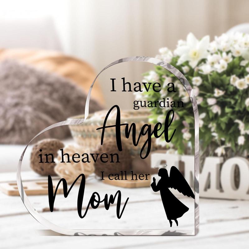 Heart Shaped Memorial Decor Sign, 1 Count Letter & Angel Pattern Clear Acrylic Condolence Gift, Memorial Angel Gift, Home Table Centerpiece Decoration