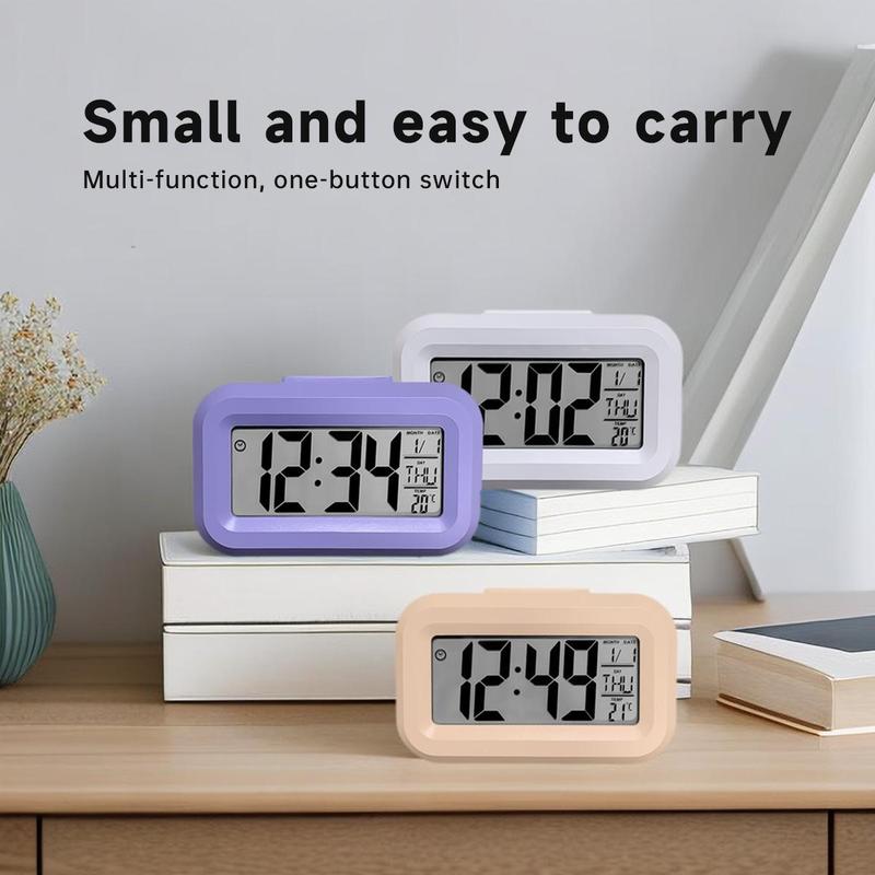 Alarm Clock, LED Backlight Desk Clock, Smart Bedside Clock with Temperature and Date Display, Bedroom Accessories (Battery Required, Battery Not Included)