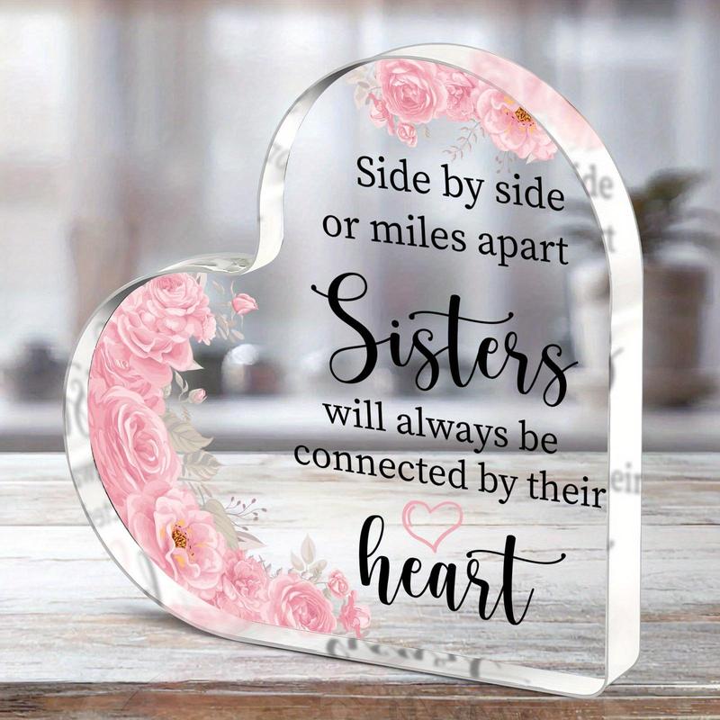 Acrylic Heart Shaped Ornament, Flower Pattern Acrylic Table Decor, Friendship Memorial Gift for Sisters, Perfect for Best Friends Forever