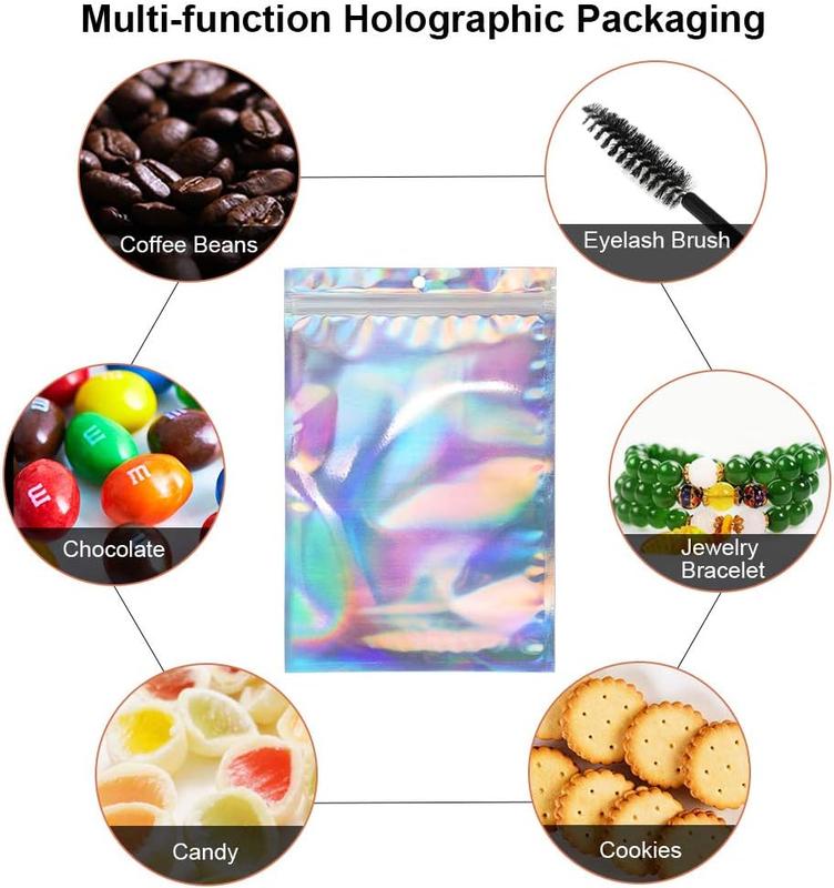 50pcs Holographic Foil Ziplock Bags 6x9 Inch, Resealable Mylar Sample Pouch Gift Baggies For Packaging Candy Jewelry Lash Lip Gloss