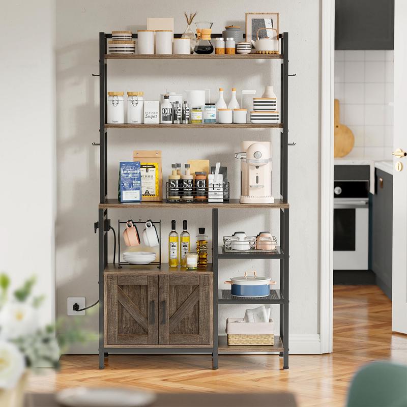 RaybeeFurniture 6 Tier Bakers Racks for Kitchens with Storage, Coffee Bar with Cabinet and 8 Side Hooks, Large Capacity Microwave Stand for Kitchen Storage Rack