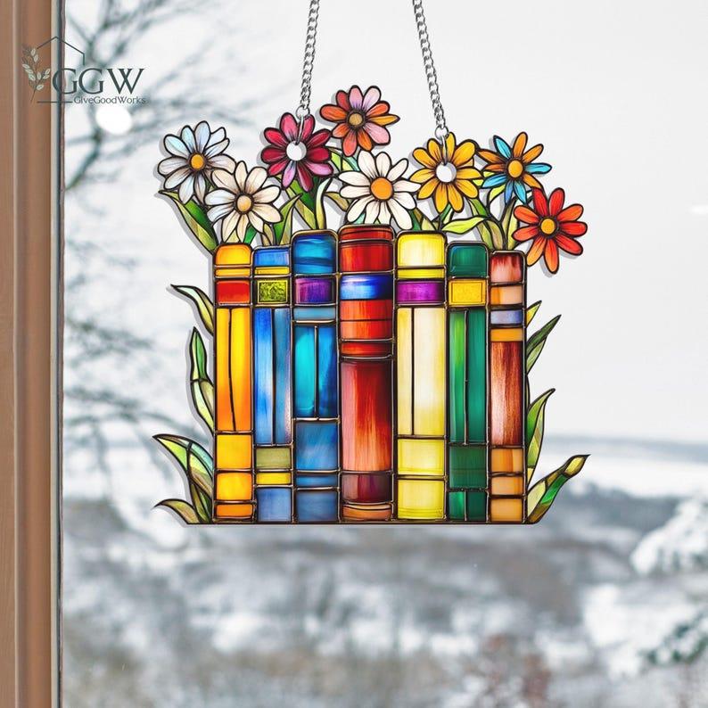 Christmas Book Acrylic Suncatcher Hanging, Library Books Window Hanging, Book Club Gift, Book Lover Gift, Librarian Gift, Bookish Library