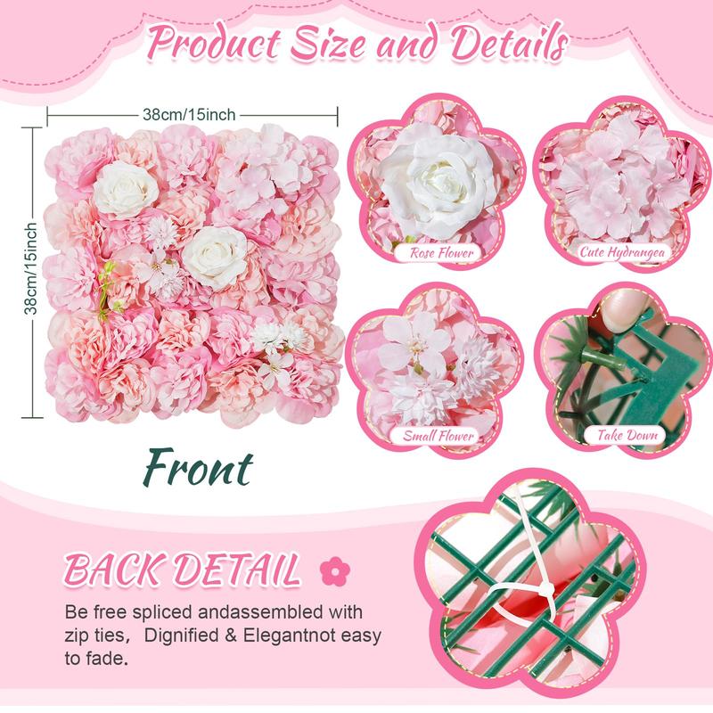 Peach Flower Wall Panel 12 Packs Pink Artificial Flower Wall Backdrop Wedding Floral Background for Birthday Photoshoot Decoration Banners Ornaments