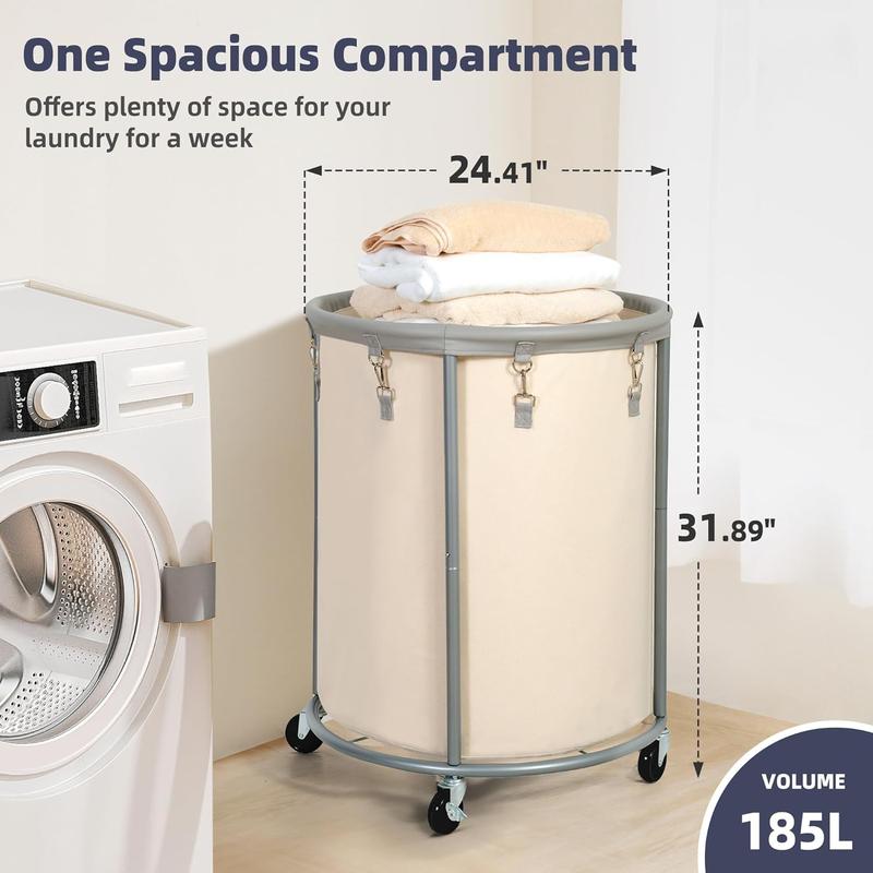 185L Industrial Sized Laundry Hamper with Wheels, Commercial 48 Gallons (185L) Extra Large Laundry Cart with Removable Bag, Round Laundry Basket Sorter for Laundry, Bedroom, Hotel, Beige and Gray, hamper on rolling,laundry basket