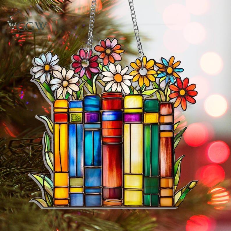 Christmas Book Acrylic Suncatcher Hanging, Library Books Window Hanging, Book Club Gift, Book Lover Gift, Librarian Gift, Bookish Library