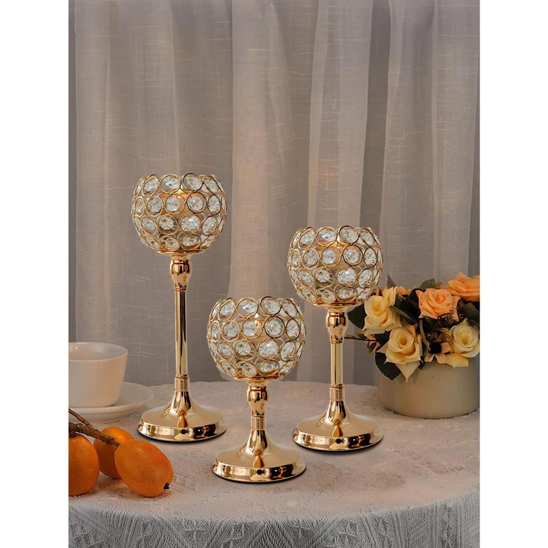 YU 1pc set Large medium small Golden Iron Art French-style Candlestick For Romantic Dinner Decor, Glass Crystal Table Decoration Home Decorative Supplies Ornaments