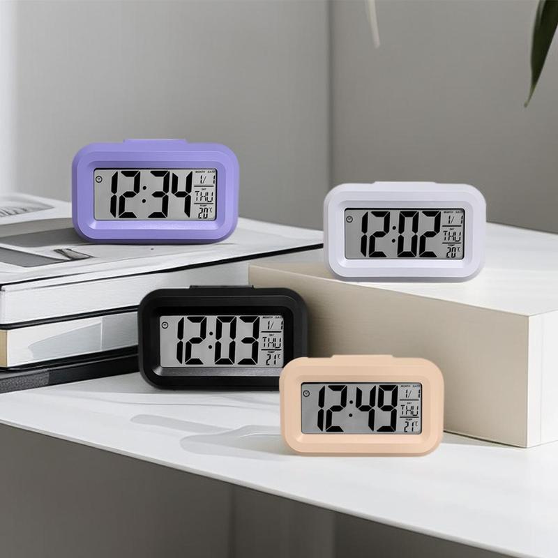 Alarm Clock, LED Backlight Desk Clock, Smart Bedside Clock with Temperature and Date Display, Bedroom Accessories (Battery Required, Battery Not Included)