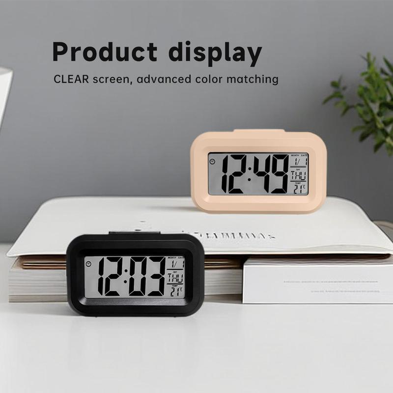 Alarm Clock, LED Backlight Desk Clock, Smart Bedside Clock with Temperature and Date Display, Bedroom Accessories (Battery Required, Battery Not Included)