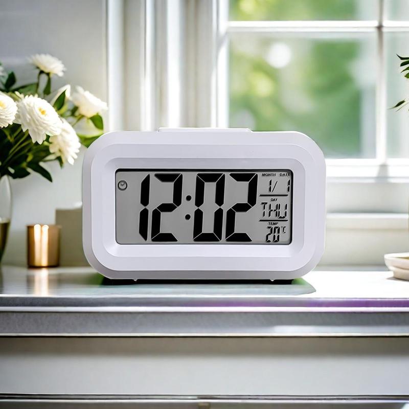 Alarm Clock, LED Backlight Desk Clock, Smart Bedside Clock with Temperature and Date Display, Bedroom Accessories (Battery Required, Battery Not Included)