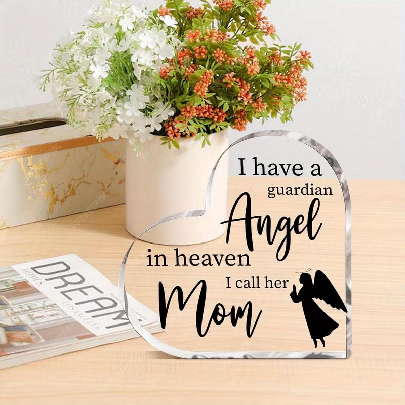 Heart Shaped Memorial Decor Sign, 1 Count Letter & Angel Pattern Clear Acrylic Condolence Gift, Memorial Angel Gift, Home Table Centerpiece Decoration