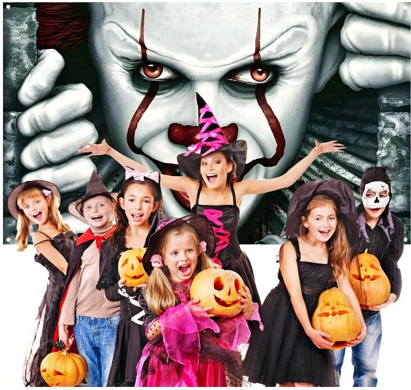 Scary Creepy Horror Movie Character Pennywise Photo Backdrop Clown Joker Banner Classic Horror Halloween Party Decorations and Supplies for Home Cloth Spooky