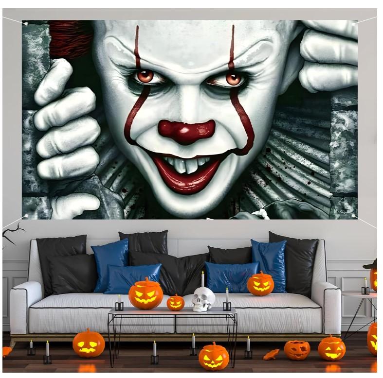 Scary Creepy Horror Movie Character Pennywise Photo Backdrop Clown Joker Banner Classic Horror Halloween Party Decorations and Supplies for Home Cloth Spooky