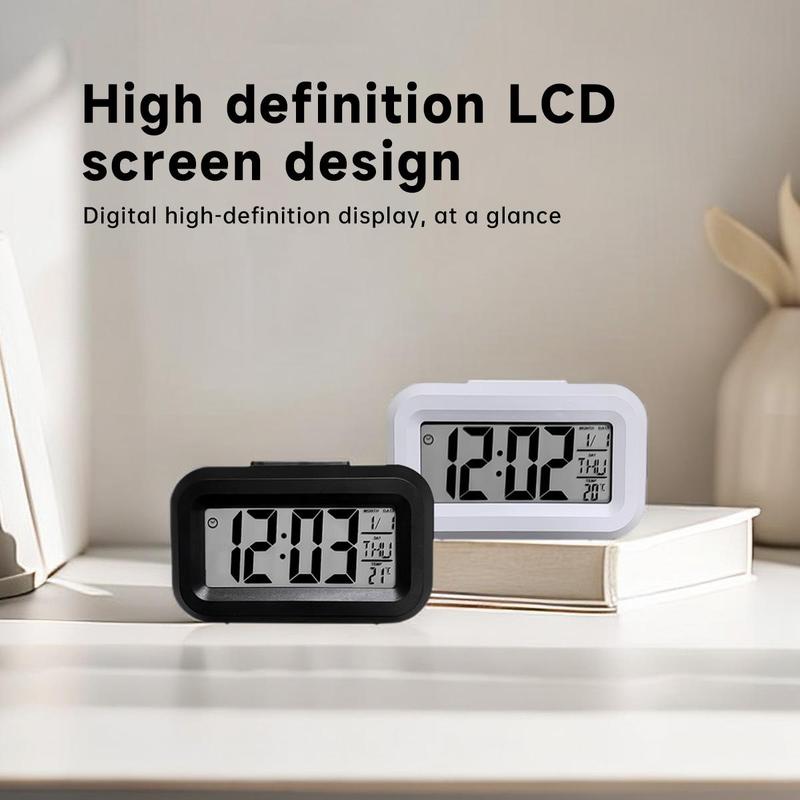 Alarm Clock, LED Backlight Desk Clock, Smart Bedside Clock with Temperature and Date Display, Bedroom Accessories (Battery Required, Battery Not Included)