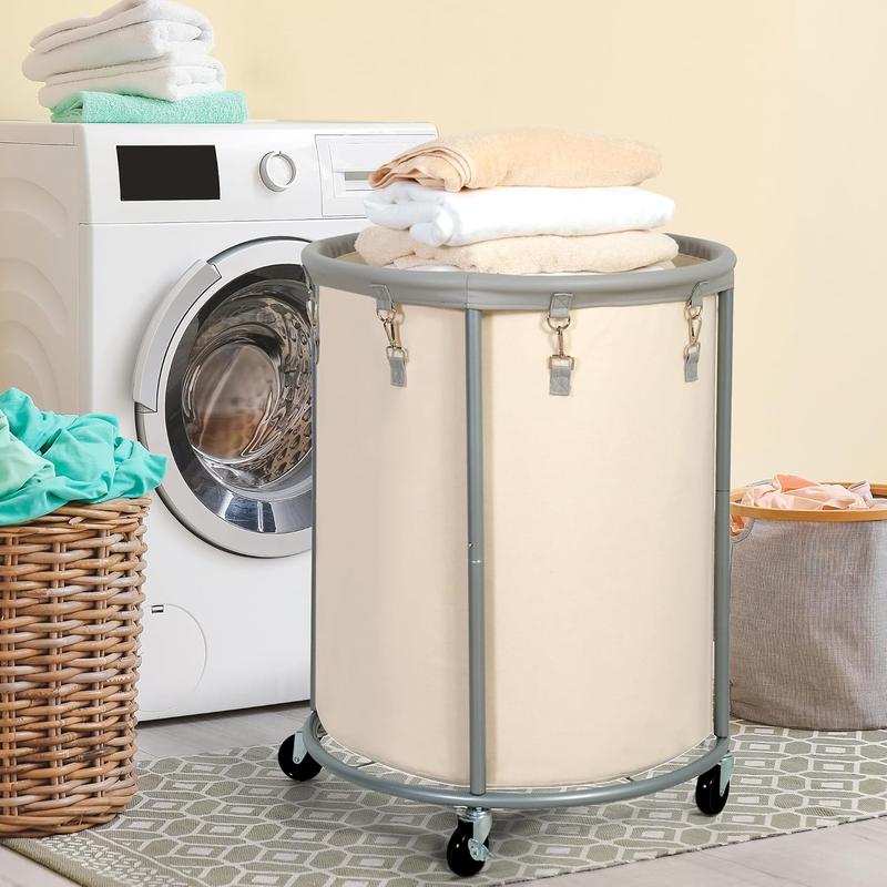 185L Industrial Sized Laundry Hamper with Wheels, Commercial 48 Gallons (185L) Extra Large Laundry Cart with Removable Bag, Round Laundry Basket Sorter for Laundry, Bedroom, Hotel, Beige and Gray, hamper on rolling,laundry basket