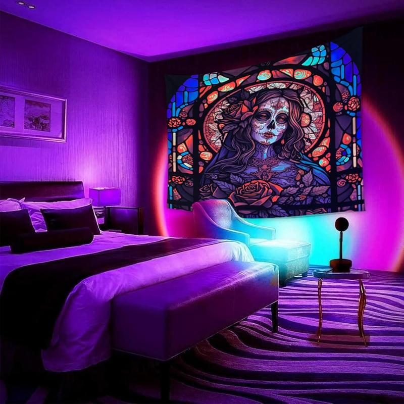 Day of The Dead Black Light Reactive Tapestry Rose Suger Skull Wall Hanging Tapestry Glow in the Dark Church Skeleton Poster Trippy Wall Art Decor for Bedroom Living Room