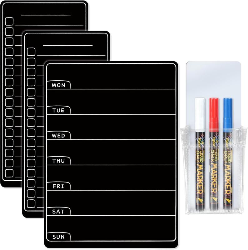 Menu Board for Fridge, Weekly Calendar Blackboard Set for Refrigerator - Includes Weekly Black Dry Erase Board for Kitchen & 2 Grocery List, 3 Chalk Markers + Eraser