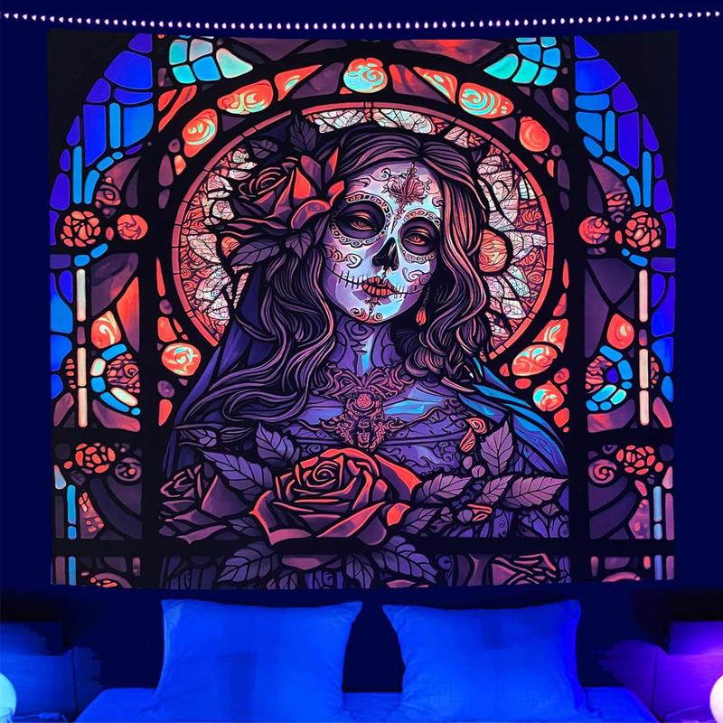 Day of The Dead Black Light Reactive Tapestry Rose Suger Skull Wall Hanging Tapestry Glow in the Dark Church Skeleton Poster Trippy Wall Art Decor for Bedroom Living Room