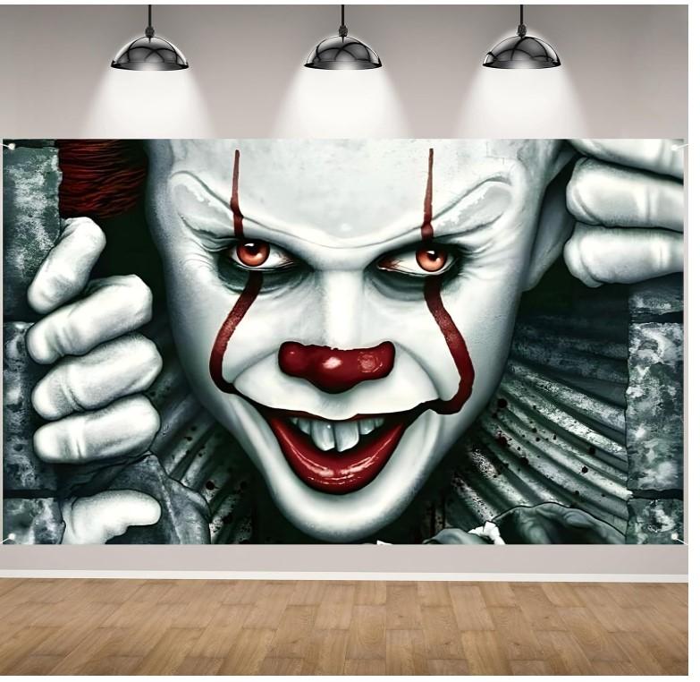 Scary Creepy Horror Movie Character Pennywise Photo Backdrop Clown Joker Banner Classic Horror Halloween Party Decorations and Supplies for Home Cloth Spooky