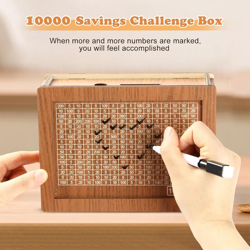 Money Saving Box Piggy Bank for Adults Kids New Cash Box 10000 Savings Challenge Box Wooden Coin Bank for Boys and Girls with 1000 3000 5000 10000 Money Target Best Gift for Friends($10000,Brown)