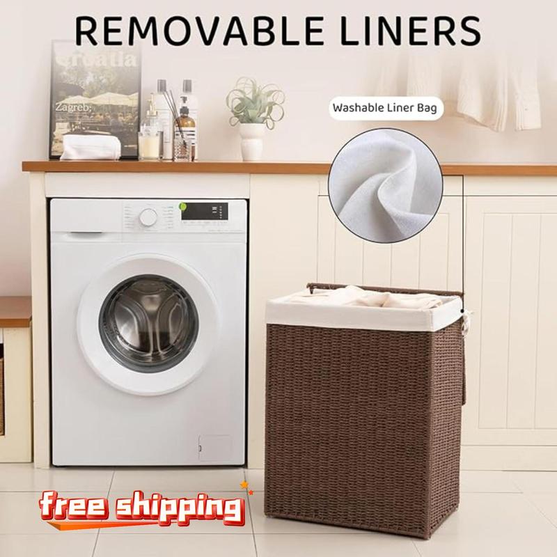 23.8 Gal (90L) Laundry Hamper with Lid, Wicker Hamper with Removable Liner Bags, Foldable Woven Paper Rope Hamper for Laundry Room, Bedroom