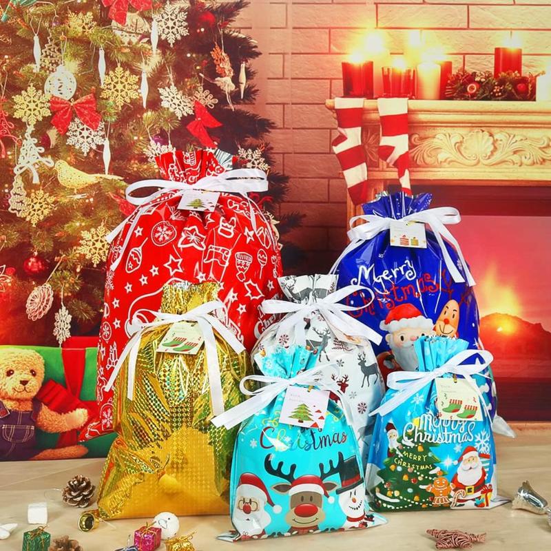 Christmas Foil Sacks Pouches with Gift Tag, 15pcs Package Holiday Gift Wrapping Bags Drawstring for Xmas Presents Party Favor