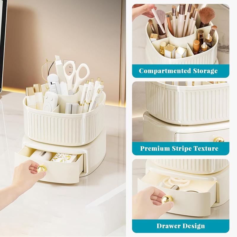 Makeup Brush Holder Organizer,360 Rotating Makeup Organizer with Drawer,5 Slot Make up Brushes Cup Organizers, For Brush, cosmetic, for Vanity, Desktop, Office - Cream