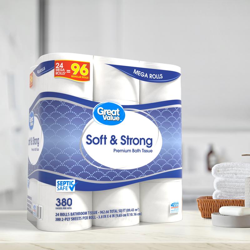 Great Value Soft & Strong Premium Toilet Paper, 24 Mega Rolls, 380 Sheets per Roll