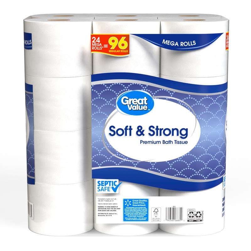 Great Value Soft & Strong Premium Toilet Paper, 24 Mega Rolls, 380 Sheets per Roll