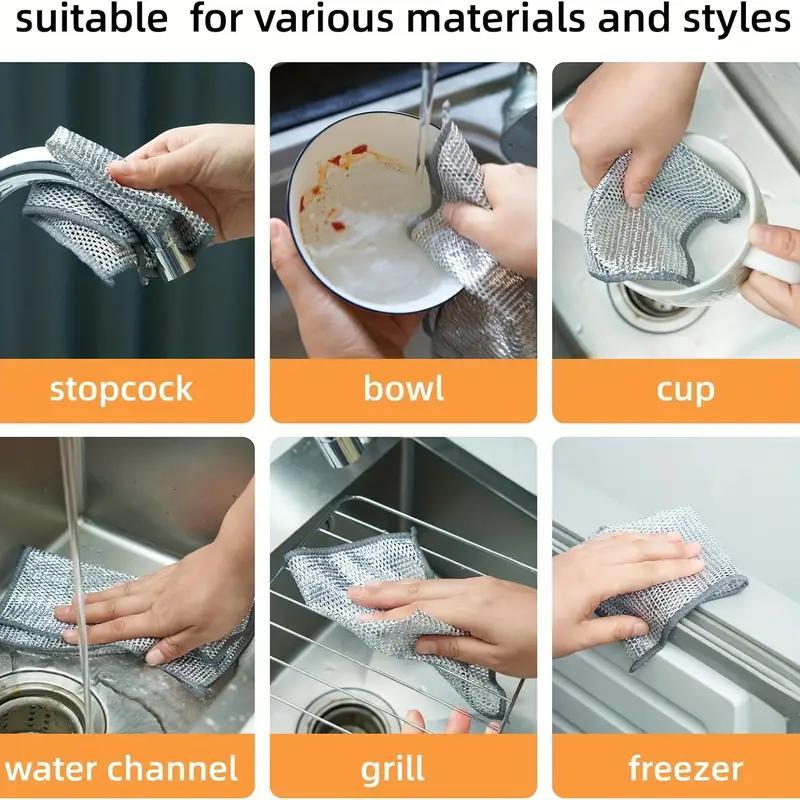 Multifunctional Silver Wire Mesh Dishcloth, 10pcs Reusable Dishwashing Cloth, Suitable for Dry & Wet Use, Washing & Cleaning Tableware, Sinks, Counters