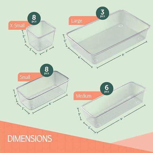 25 PCS Clear Plastic Drawer Organizers Set, 4 Sizes Clear Drawer Organizers & storage Bins for Makeup Jewelry Vanity, Kitchen Gadgets Or Office Desk. Bathroom Drawer Organizer Trays With Non-Slip Pads Boxes Containers