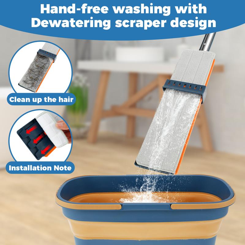 Mop and Foldable Bucket Set 360° Rotating Microfiber Mop Hands-Free Flat Floor Mop with Dewatering Scraper and 7 Mop Pads Dry and Wet Dust Mop Collapsible Bucket and Cleaning Mop Kit