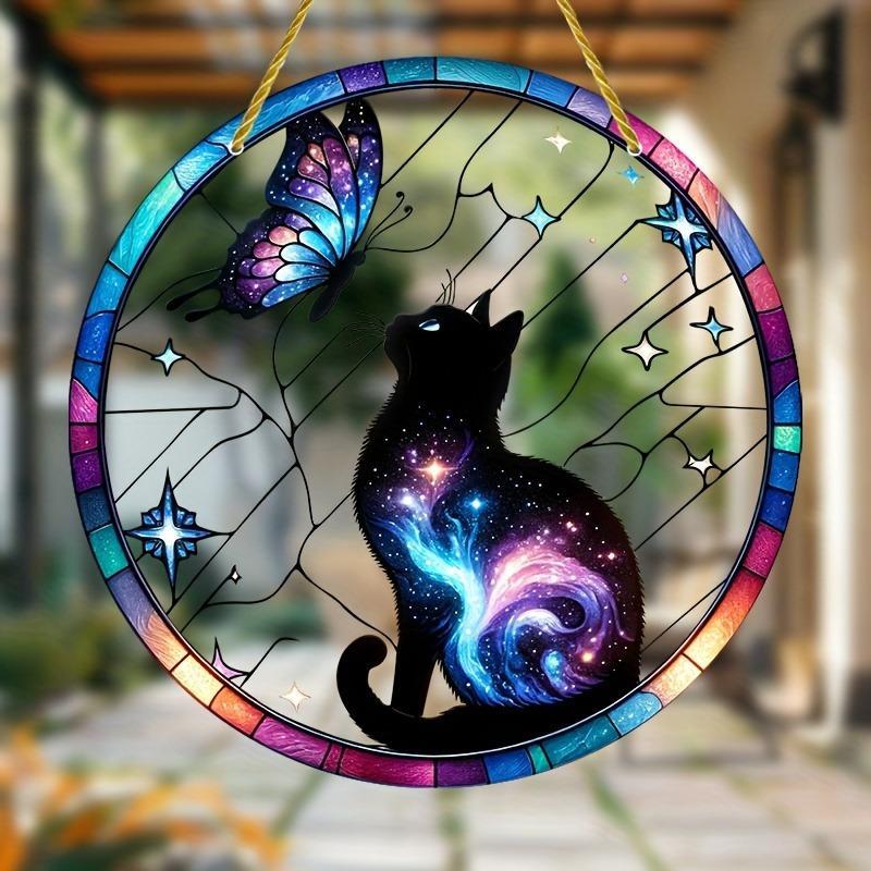 Cat & Butterfly Pattern Sun Catcher, 1 Count Colorful Stained Glass Hanging Decor, Decorative Window Hanging for Porch, Patio, Garden, Office