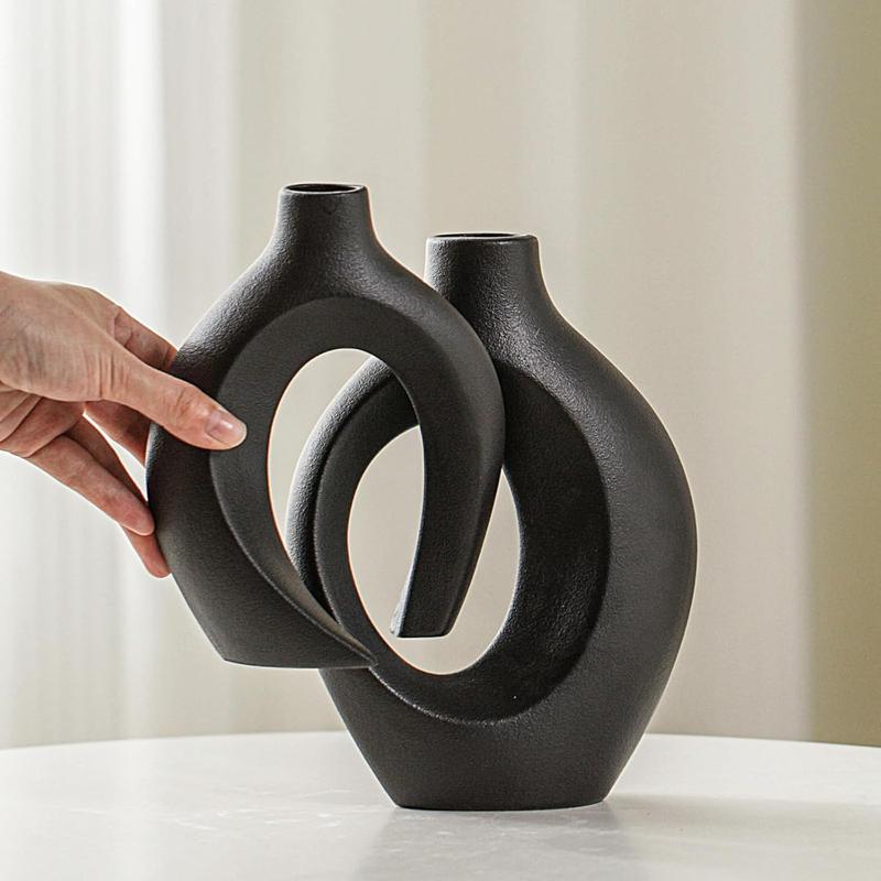 Snuggle Hollow Modern Ceramic Vase Set of 2, Mid Century Nordic Aesthetic Decorative Vase Decorative Vases for Home Table Decor (Matte Black W 6.3