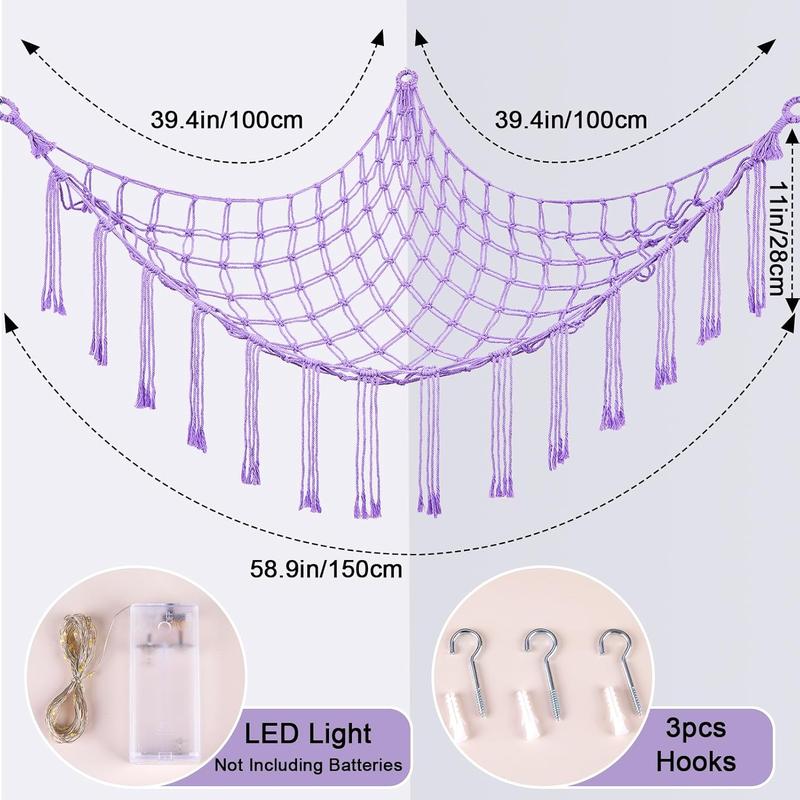 Stuffed  Net or Hammock with LED Light, Hanging Stuffed  Storage  Hammock Net Corner Wall Girls Room Decor  Storage Organizer, Purple, L