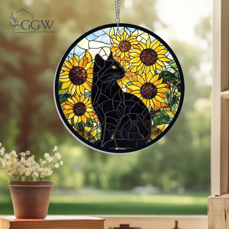 Sunflower Black Cat ACRYLIC Hanging Sign, Cat Decor, Cat Lovers, Cat Memorial, Gift for Cat Lovers, Sunflower Gift for Mom, Memorial Gift