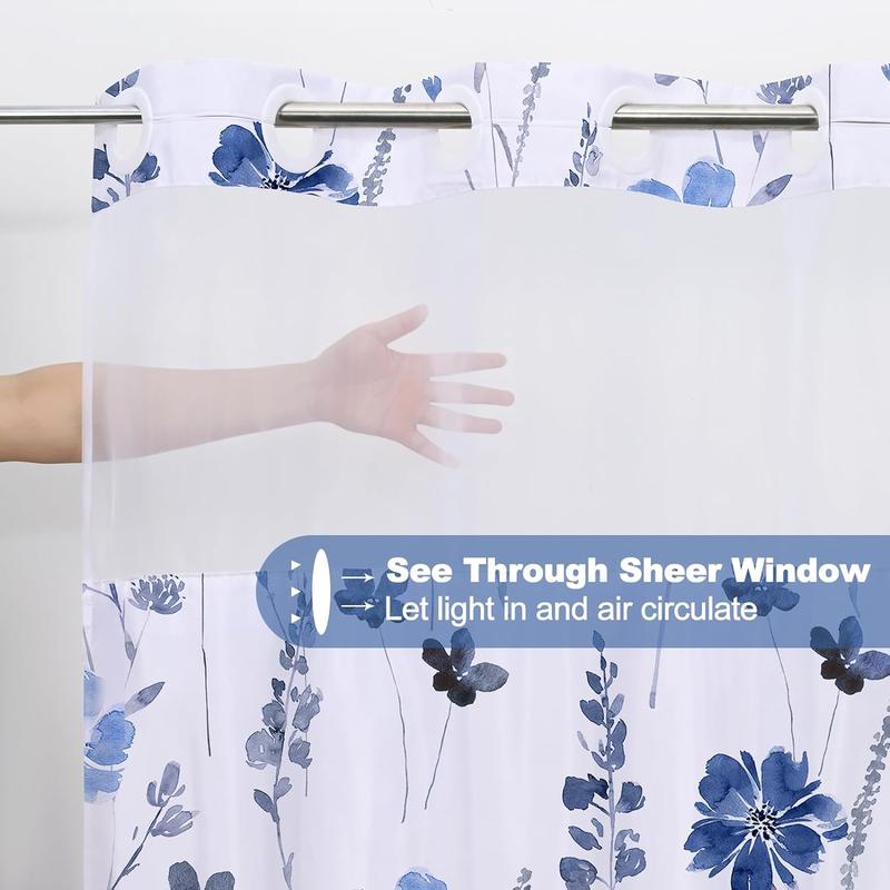 No Hook Shower Curtain with Snap Liner,Blue Watercolor Flower Shower Curtain with Liner,Shower Curtain with See Through Top Window,Double Layer shower curtain