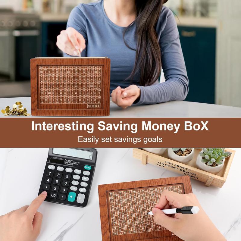 Money Saving Box Piggy Bank for Adults Kids New Cash Box 10000 Savings Challenge Box Wooden Coin Bank for Boys and Girls with 1000 3000 5000 10000 Money Target Best Gift for Friends($10000,Brown)