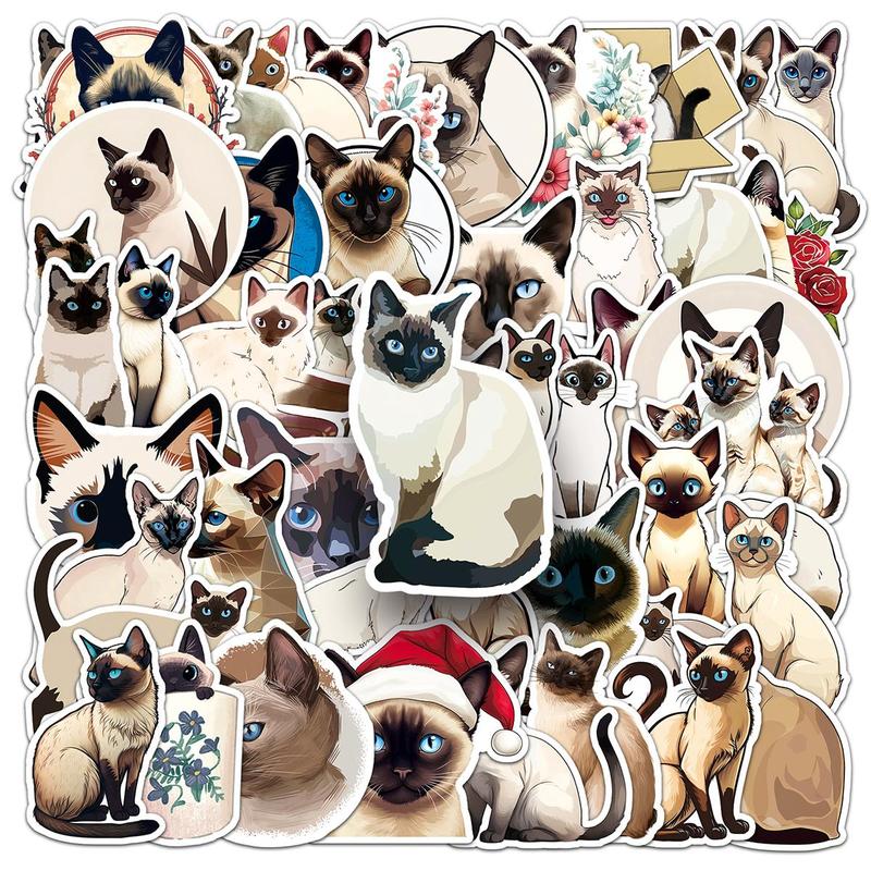 Cute Siamese Cat Pattern Sticker, 50pcs set Cartoon Sticker for DIY Scrapbooking Laptop Luggage Water Bottle Decoration, DIY Decorative Sticker