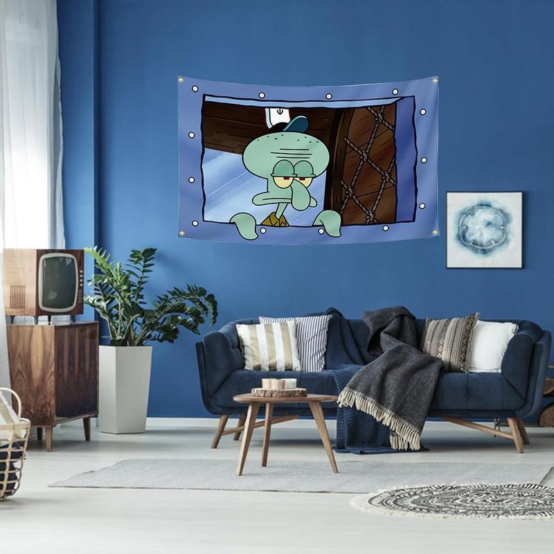 1 PCS Squidward Tentacles SpongeBob   Free 6-meter LED star light string Christmas New Year Decoration Cartoon Tapestry Dormitory Bedroom Wall squidward tapestry 2024 christmas ornament and  decor Hanging Lightweight Print